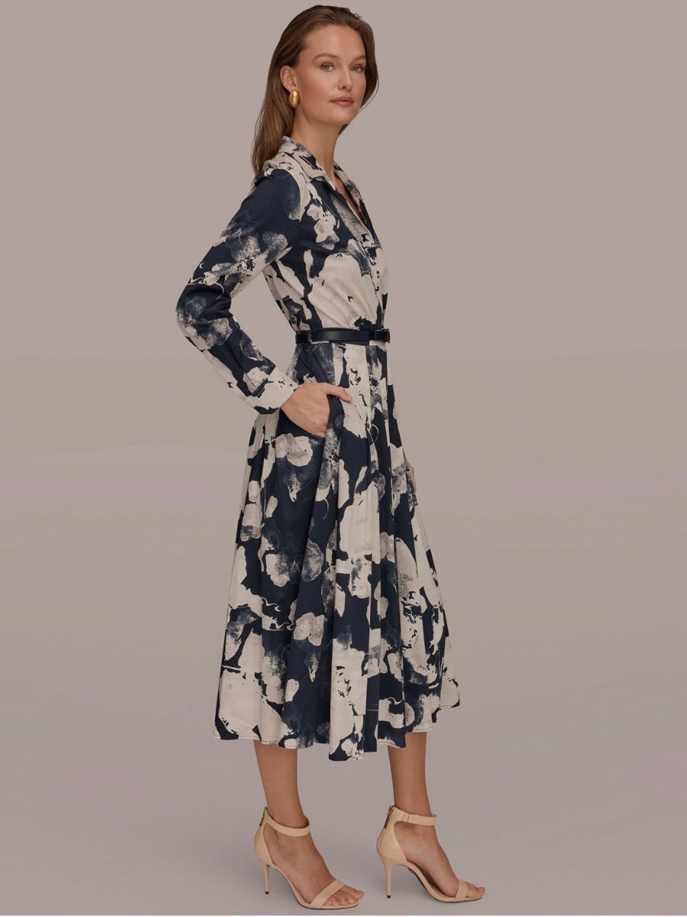 Donna Karan Women Long-Sleeve Collared Belted Dress. Size 10. Nightfall Multi - Picture 3 of 6